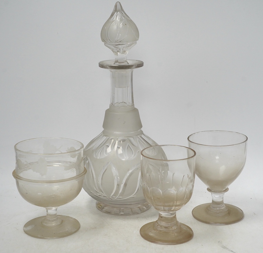 A collection of various sized rummers from 19th to 20th century and a cut glass decanter and stopper, decanter and stopper 32cm high. Condition - fair